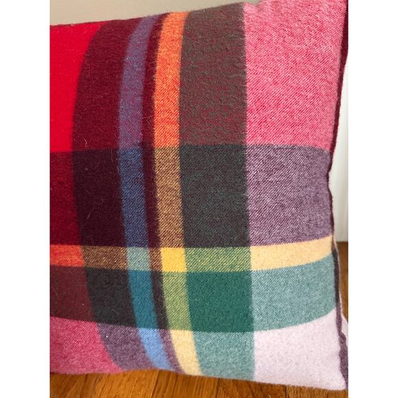 WILLIAMS SONOMA wool plaid pillow pink red green 20x20”with down feather insert - Picture 11 of 14